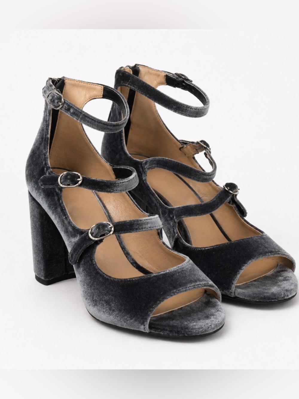 Mary jane velvet blue block heel sandals